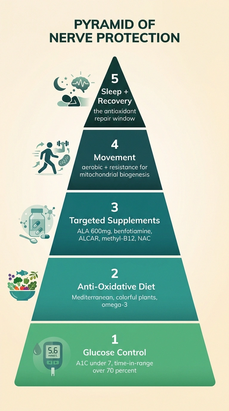 Five-tier pyramid infographic showing glucose control, diet, supplements, movement, and sleep as nerve protection layers.