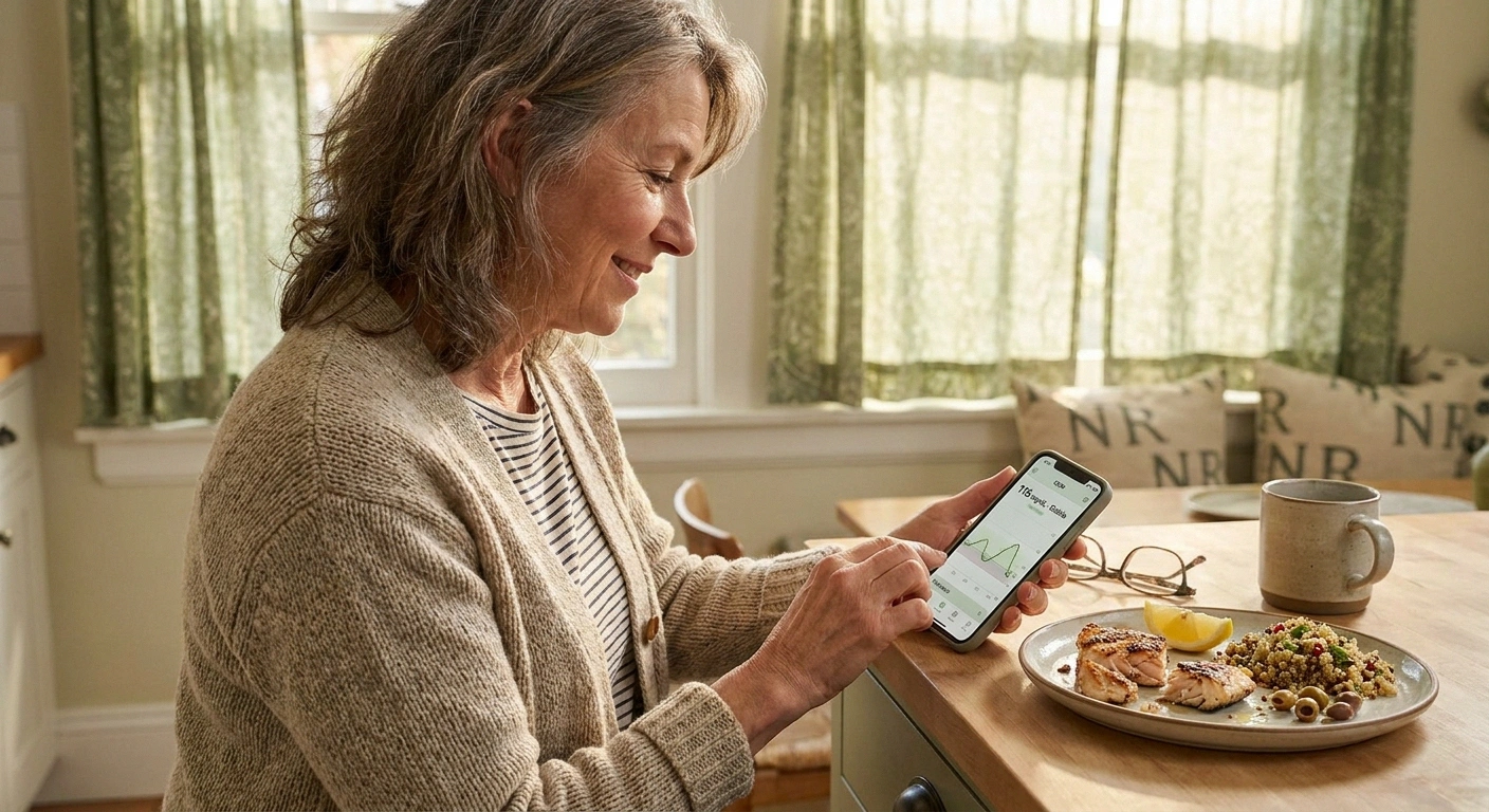 Mid-60s woman in a sunlit kitchen checking a continuous glucose monitor graph on her phone after a Mediterranean meal.