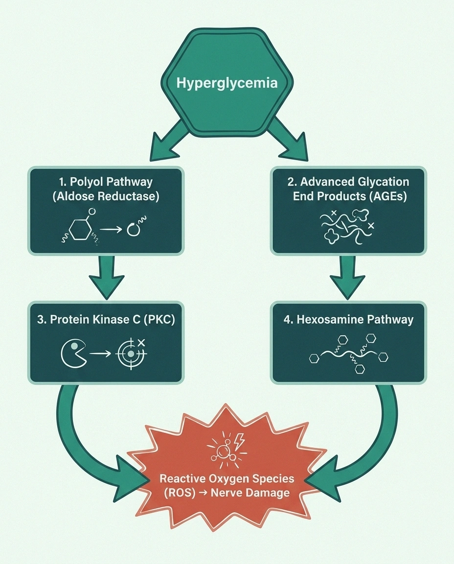 Diagram showing four hyperglycemia pathways converging into reactive oxygen species that damage peripheral nerves.