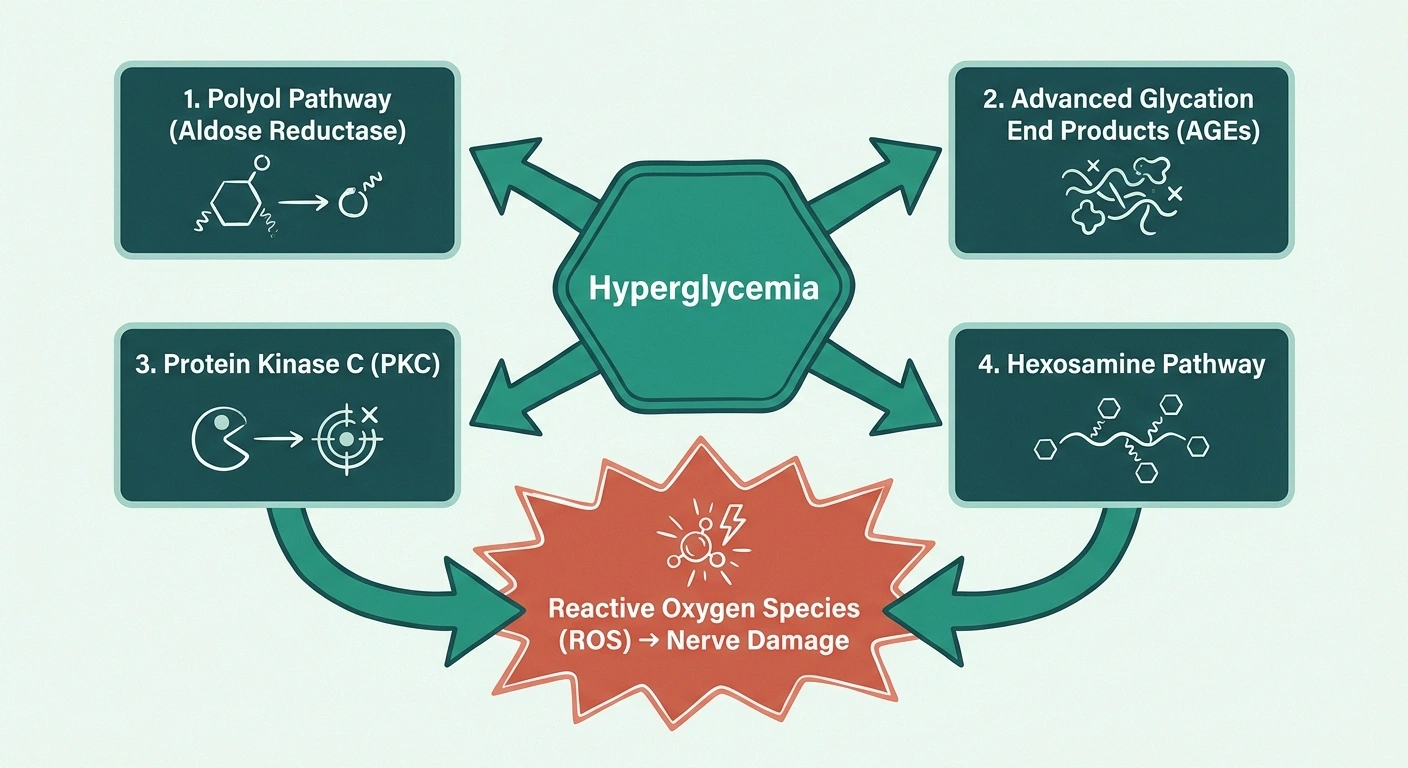 Diagram showing four hyperglycemia pathways converging into reactive oxygen species that damage peripheral nerves.
