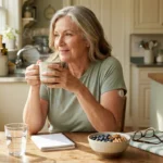 Mid-60s woman with silver hair at a sunlit kitchen table with tea, berries, and a glucose monitor on her arm.