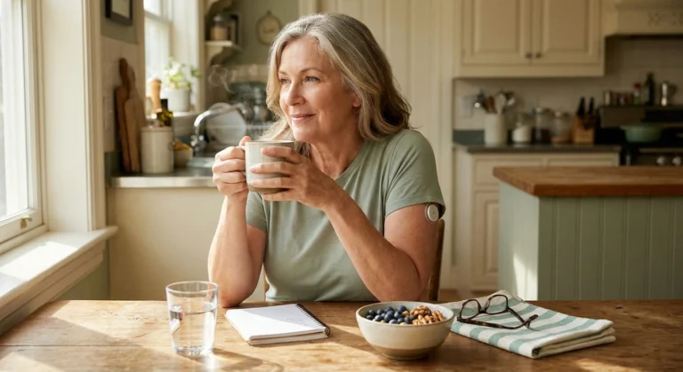 Mid-60s woman with silver hair at a sunlit kitchen table with tea, berries, and a glucose monitor on her arm.