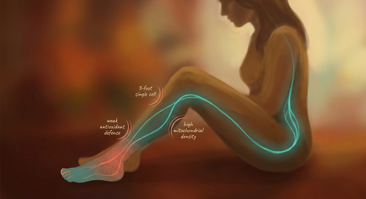 Illustration of a long peripheral nerve from spine to toe showing oxidative damage creeping up from the foot.