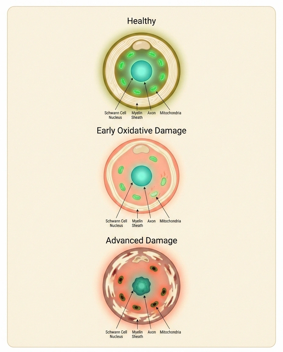 Three cross sections of a peripheral nerve showing healthy, early damage, and advanced oxidative damage stages.