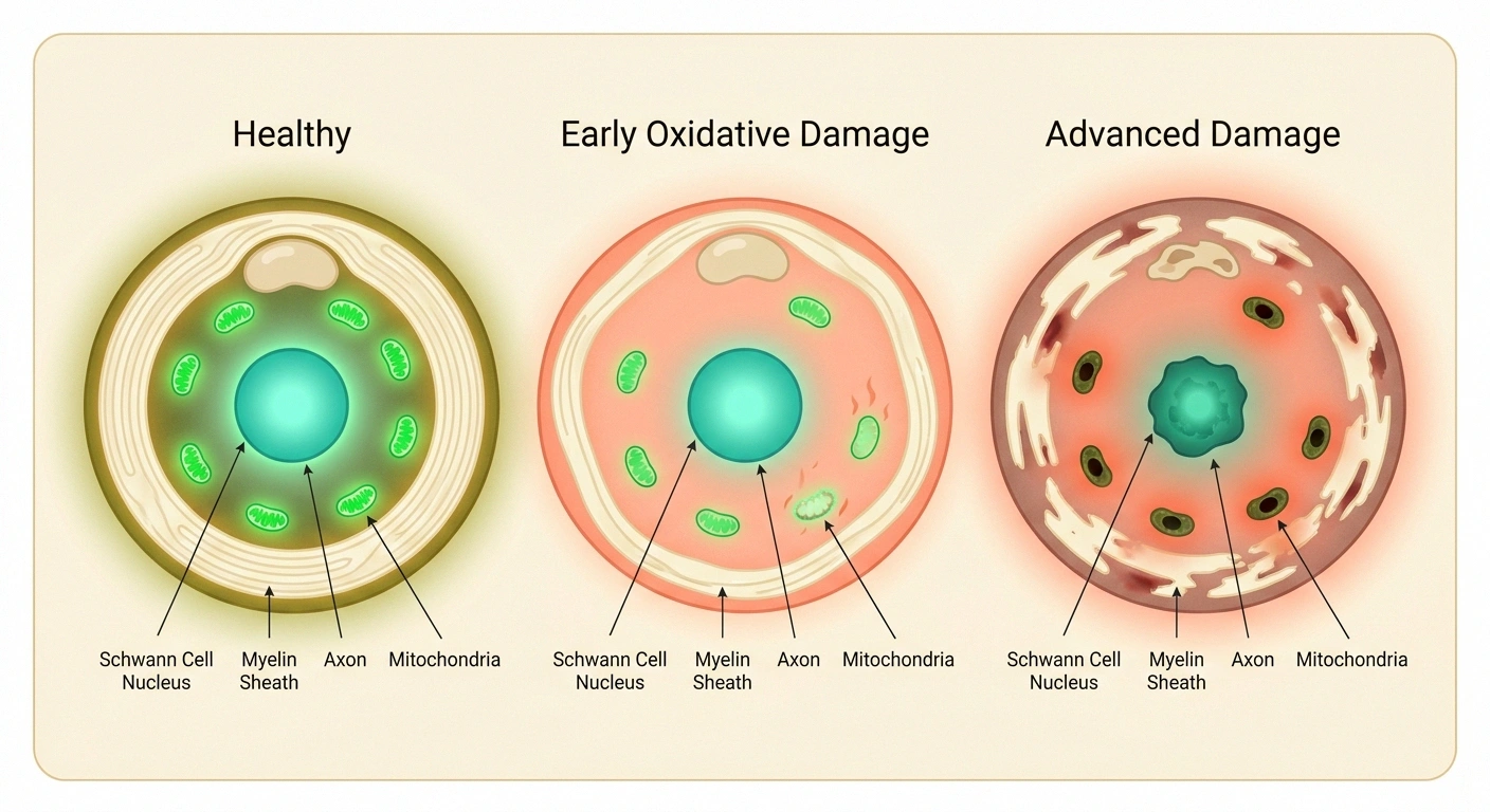 Three cross sections of a peripheral nerve showing healthy, early damage, and advanced oxidative damage stages.