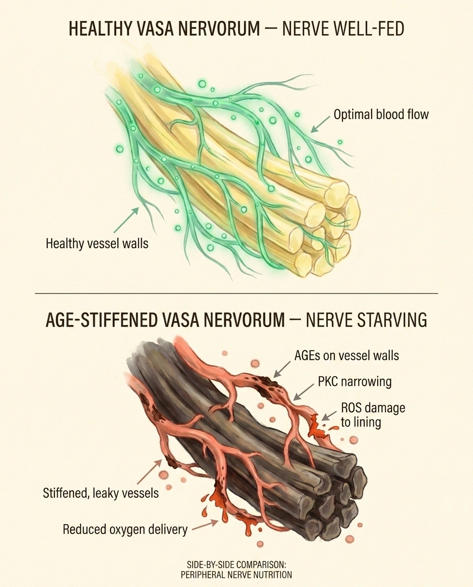 Side-by-side illustration of healthy vasa nervorum vessels versus AGE-damaged narrowed vessels starving the nerve.