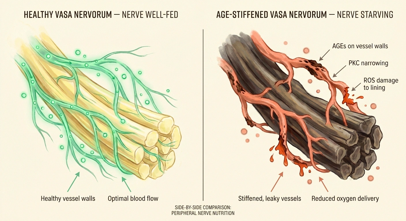 Side-by-side illustration of healthy vasa nervorum vessels versus AGE-damaged narrowed vessels starving the nerve.