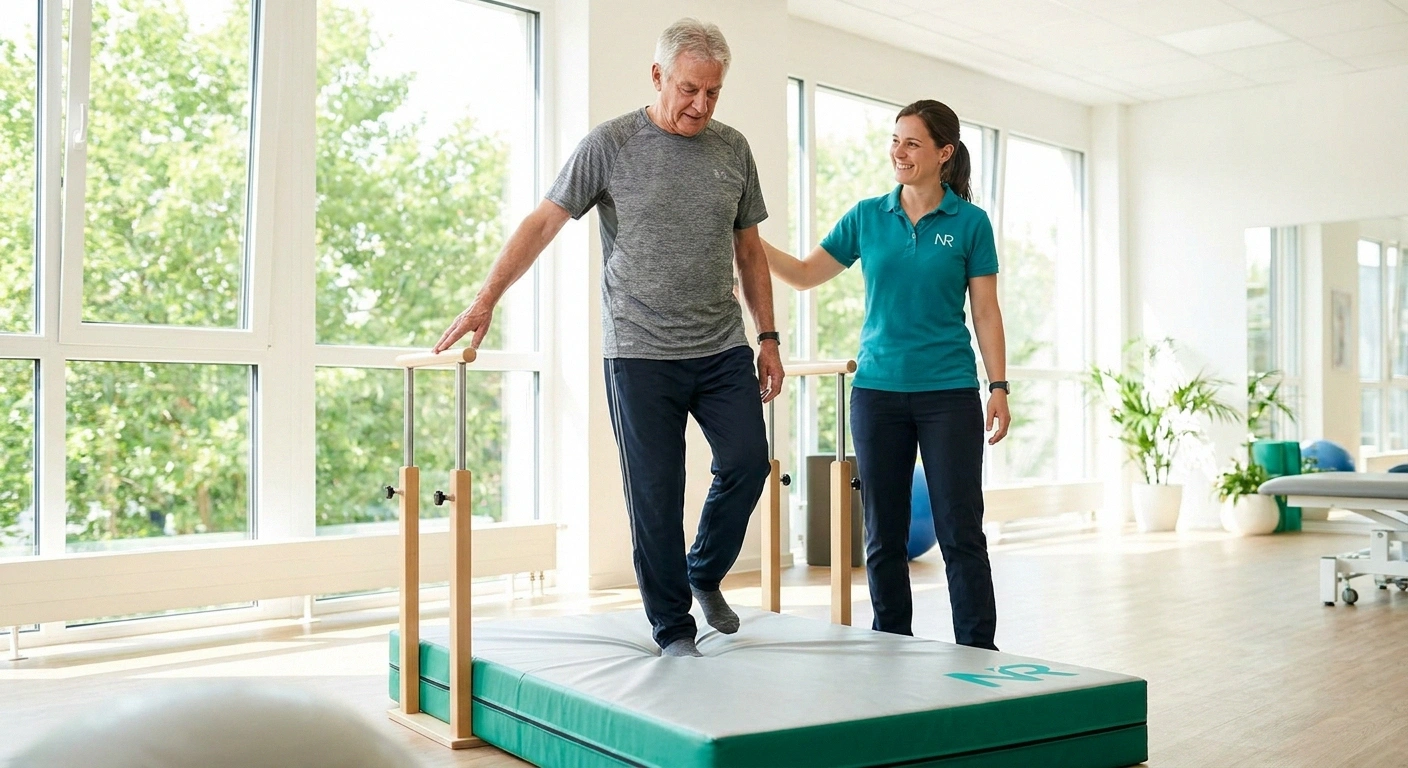 Patient practicing balance on a mat with a physical therapist to reduce fall risk from CIPN