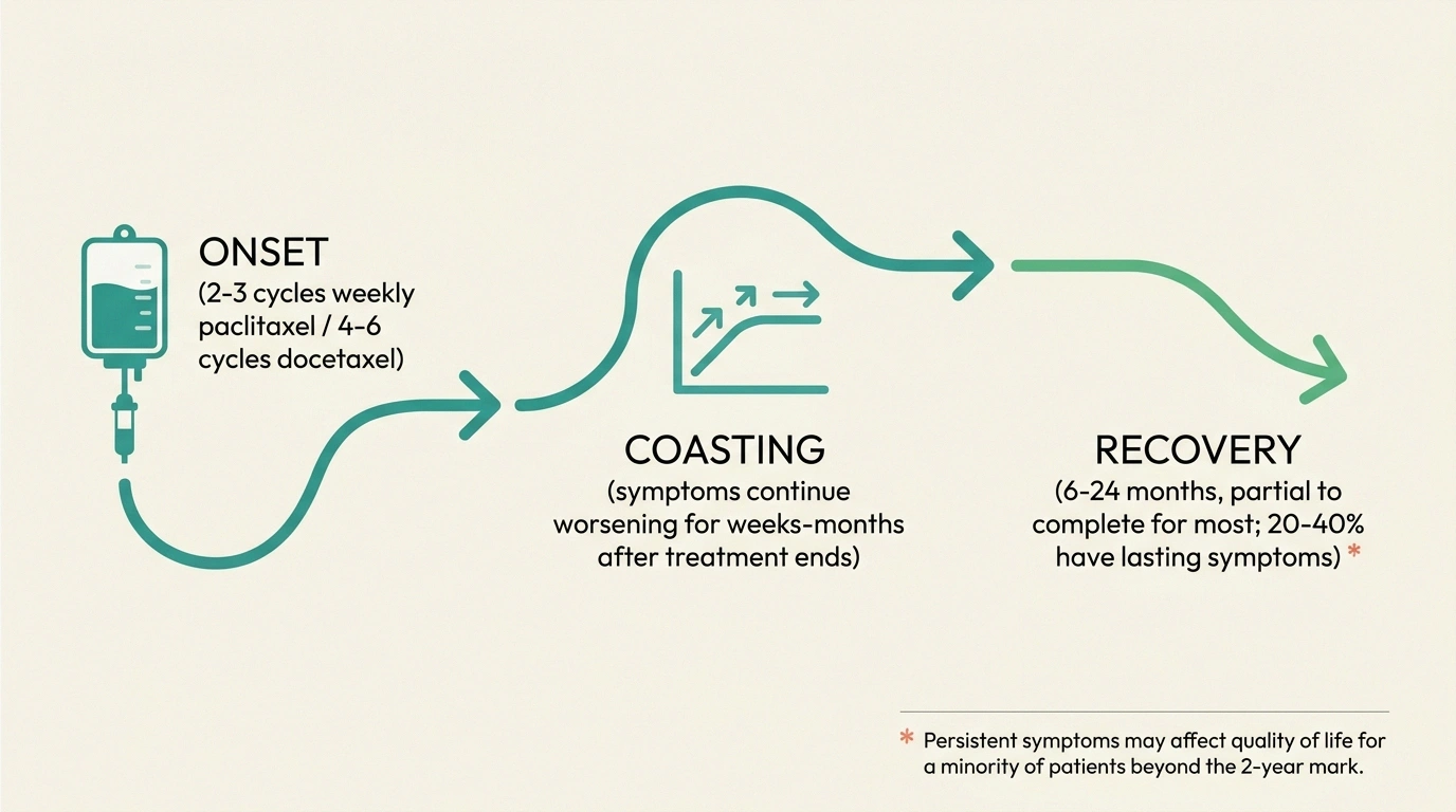 Infographic of taxane CIPN timeline showing onset, coasting after chemo ends, and recovery phases