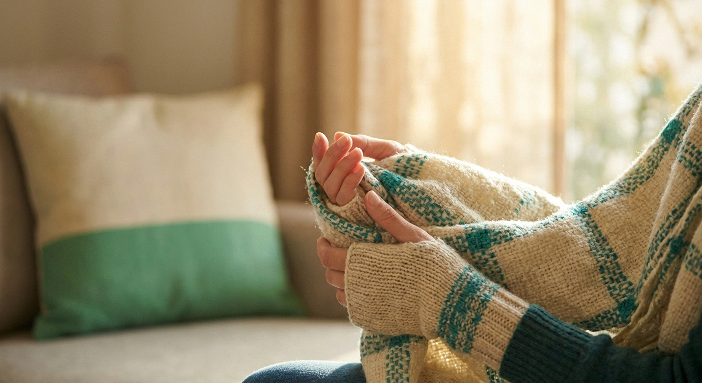 Hands wrapped in a warm scarf, a self-soothing gesture for taxane chemotherapy nerve tingling