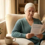 Breast cancer patient reading a treatment pamphlet in soft light, learning about taxane neuropathy