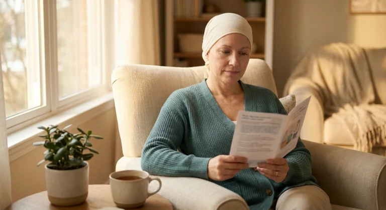 Breast cancer patient reading a treatment pamphlet in soft light, learning about taxane neuropathy