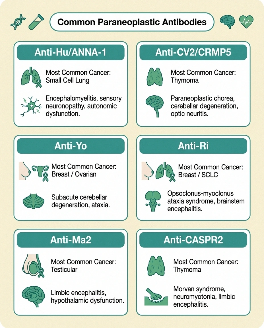 Infographic showing six common paraneoplastic antibodies and their associated cancers