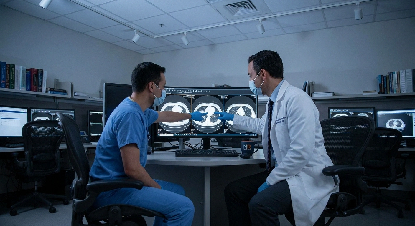 Radiologist and neurologist reviewing CT chest imaging during paraneoplastic neuropathy workup