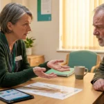 Doctor explaining paraneoplastic neuropathy diagnosis to attentive older male patient in warm office