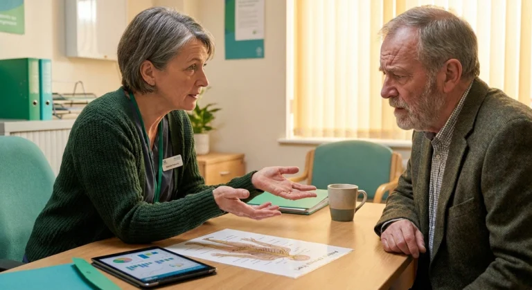 Doctor explaining paraneoplastic neuropathy diagnosis to attentive older male patient in warm office