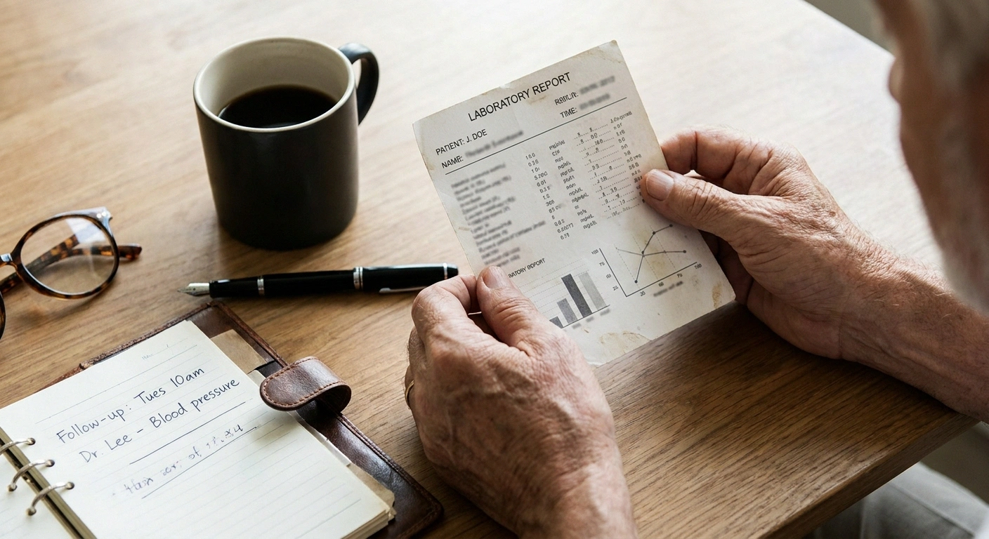 Older patient hands holding lab results and notebook representing careful diagnostic process