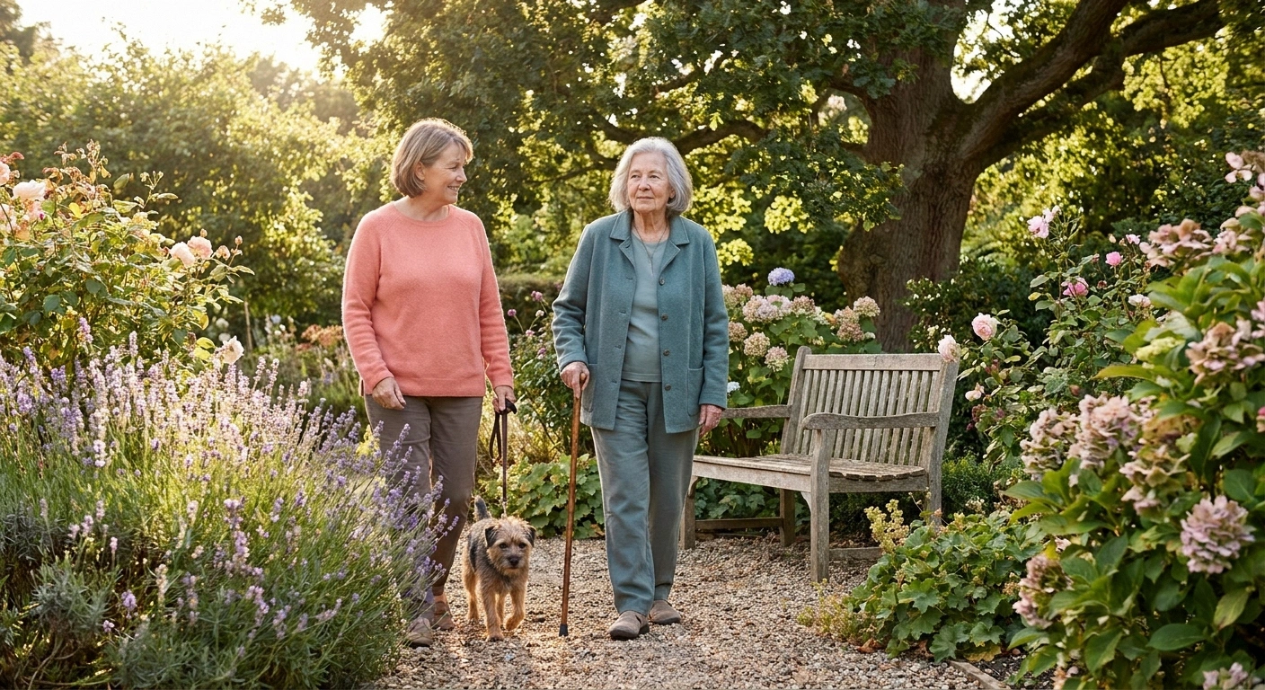 Older woman walking with cane and companion in sunlit garden adapting to paraneoplastic neuropathy