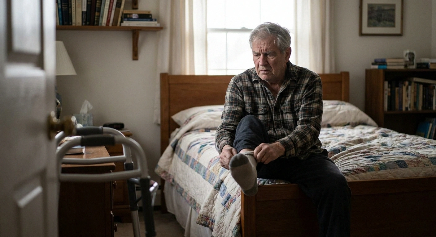 Older man pausing while putting on socks experiencing new neuropathy symptoms