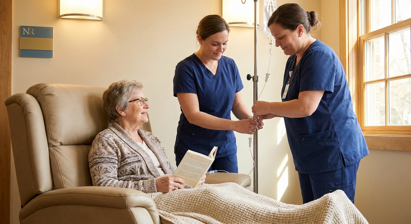 Older patient receiving IVIG infusion with attentive nurse during paraneoplastic treatment