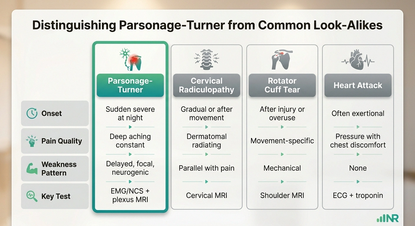 Comparison infographic of Parsonage-Turner syndrome vs cervical radiculopathy vs rotator cuff tear vs heart attack distinguishing features