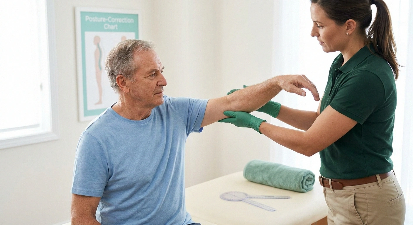 Physical therapist gently guiding an older patient through shoulder range-of-motion exercises during Parsonage-Turner recovery rehabilitation