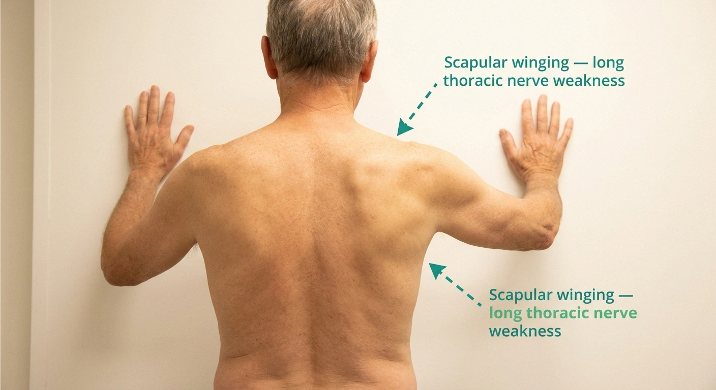 Clinical photo from behind showing scapular winging on the right side from long thoracic nerve weakness in Parsonage-Turner syndrome