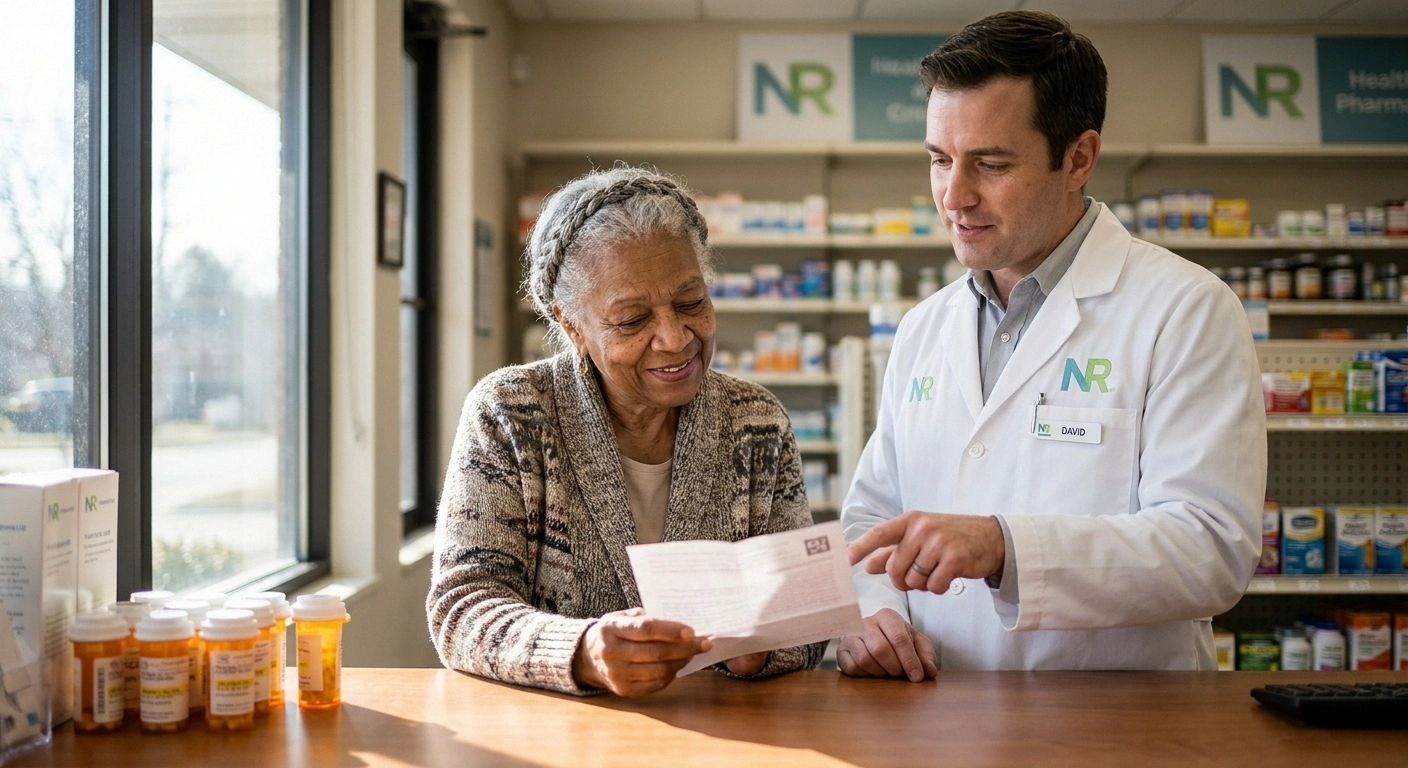 Older woman consulting her pharmacist about ashwagandha drug interactions with her current medications