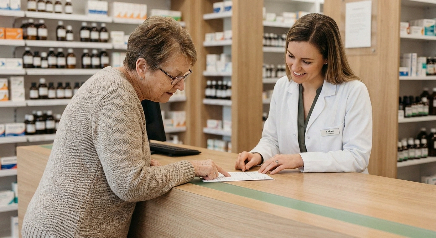 Older woman reviewing her supplement and medication list with a pharmacist at a community pharmacy counter