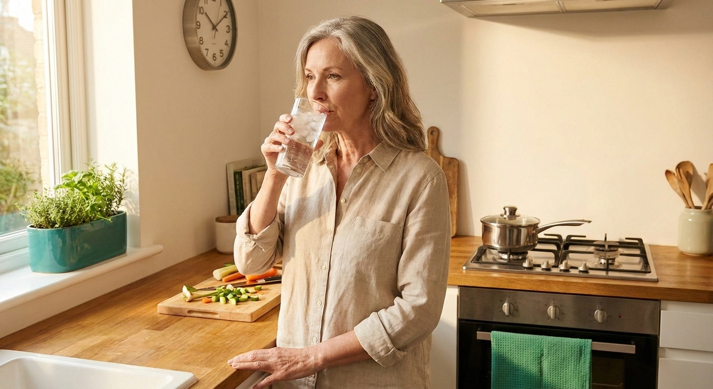 Woman drinking cold water 15 minutes before meal to prevent post-meal blood pressure drop