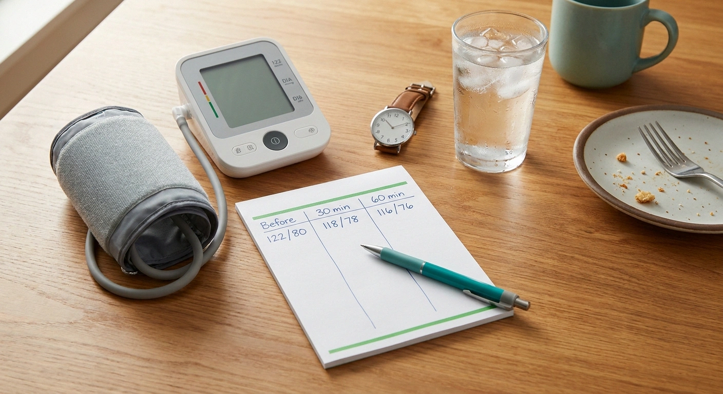 Home blood pressure monitor with 3-reading log for postprandial hypotension check