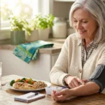Older woman checking home blood pressure monitor beside a balanced meal at kitchen table