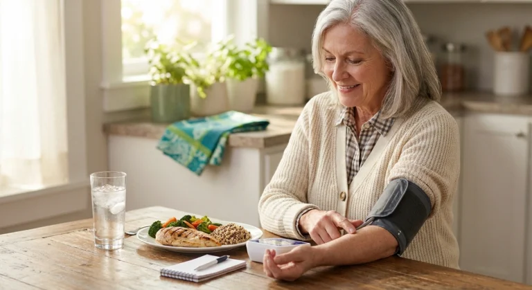Older woman checking home blood pressure monitor beside a balanced meal at kitchen table