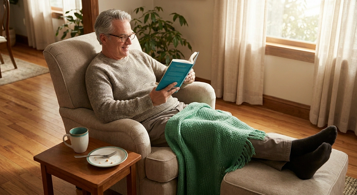 Man reclining with book after eating to prevent postprandial hypotension