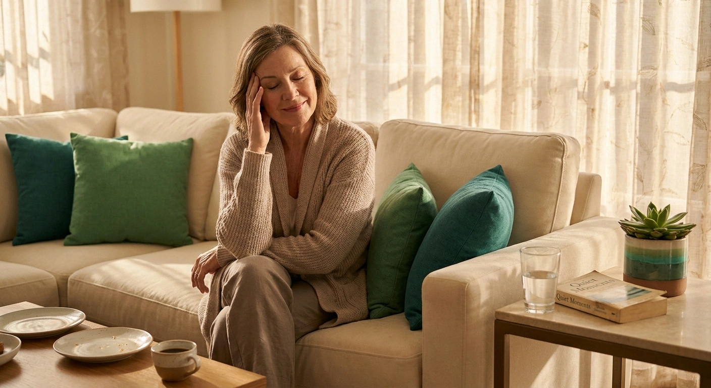 Woman on couch feeling wave of post-meal tiredness after lunch