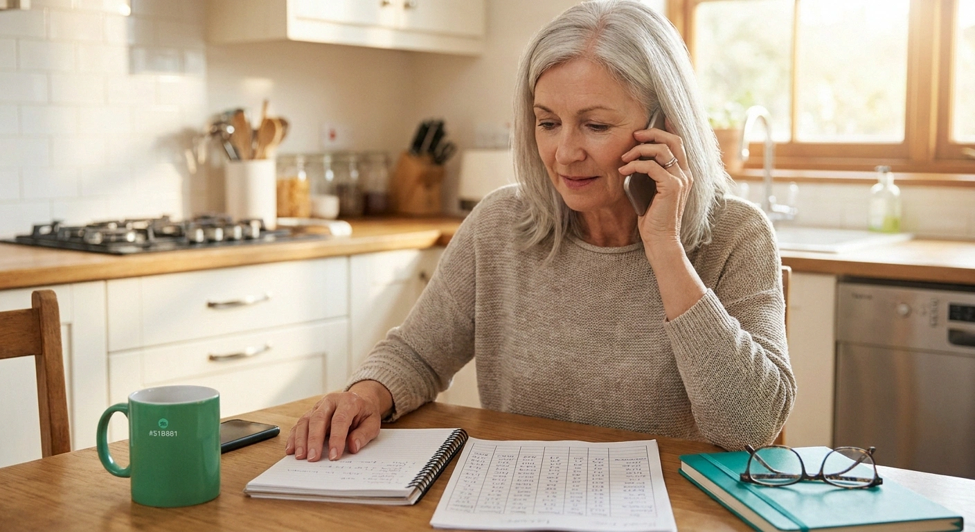 Older woman calling doctor about post-meal blood pressure symptoms with home log