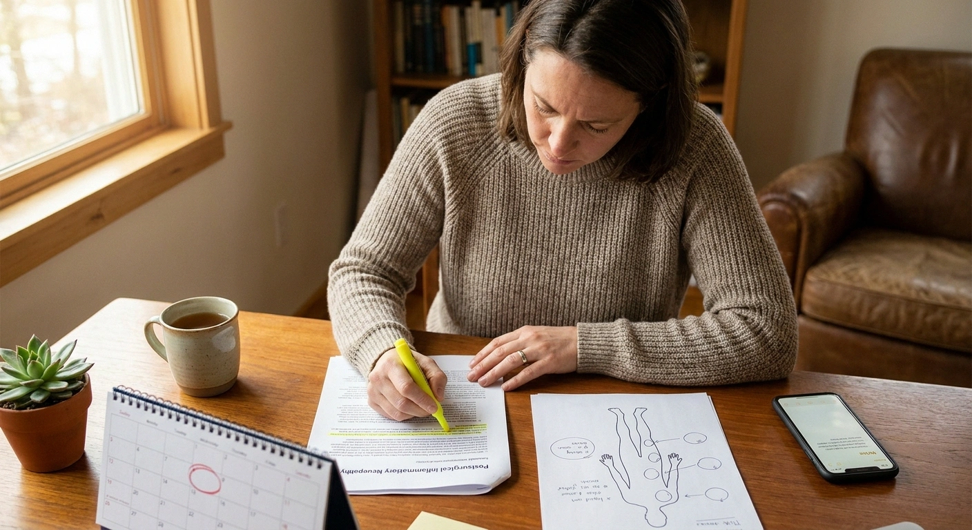A patient preparing notes and body diagrams for their neurology appointment to discuss suspected postsurgical inflammatory neuropathy — informed self-advocacy.