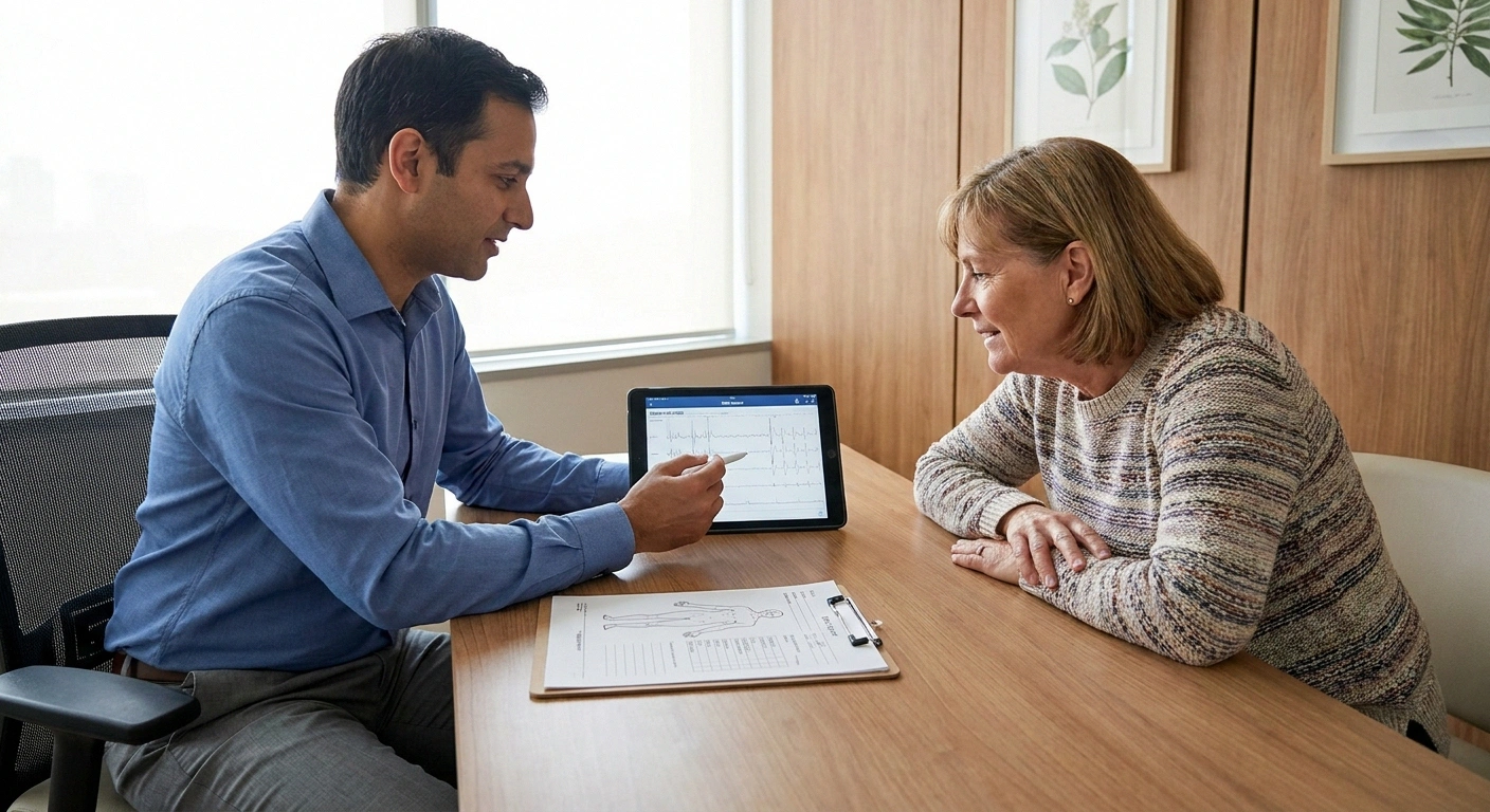 A patient consulting a neurologist about EMG results for suspected postsurgical inflammatory neuropathy — the moment of finally being properly evaluated.