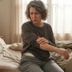 A post-op patient touching an unexpected new nerve pain in their arm while a bandage is visible on their abdomen — the "wait, why does this hurt?" moment.