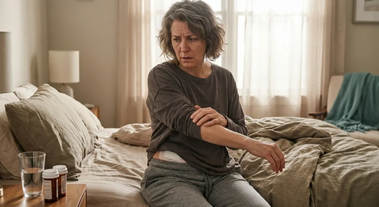A post-op patient touching an unexpected new nerve pain in their arm while a bandage is visible on their abdomen — the "wait, why does this hurt?" moment.