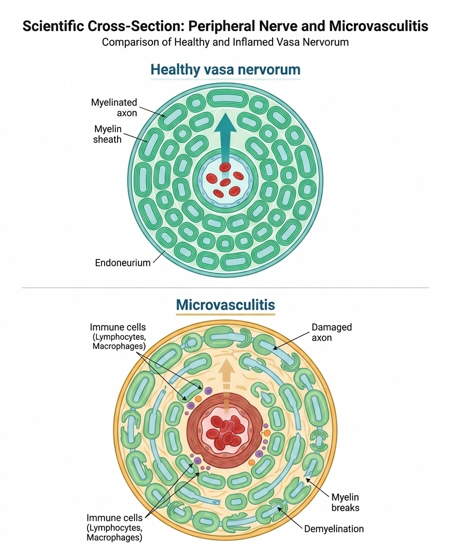 Cross-section infographic showing microvasculitis — inflammation of the small blood vessels inside a peripheral nerve — the pathology behind postsurgical inflammatory neuropathy.