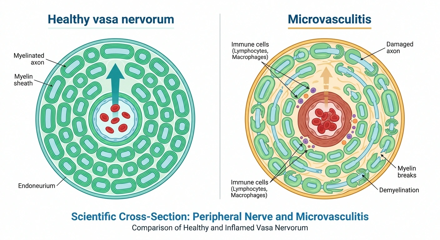 Cross-section infographic showing microvasculitis — inflammation of the small blood vessels inside a peripheral nerve — the pathology behind postsurgical inflammatory neuropathy.