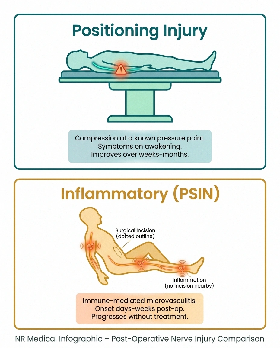 Comparison infographic — positioning nerve injury shows compression at a predictable point; postsurgical inflammatory neuropathy shows scattered inflammation across nerves far from the surgery.