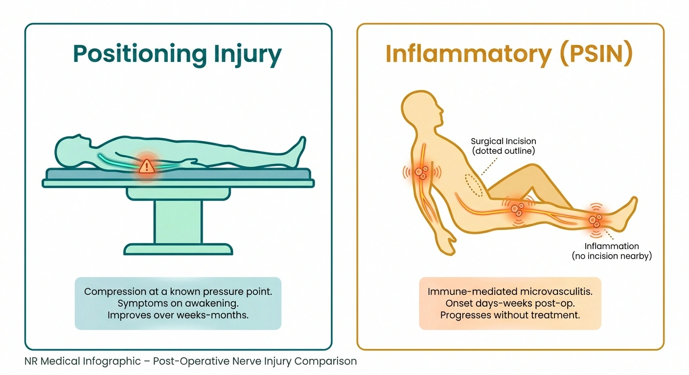 Comparison infographic — positioning nerve injury shows compression at a predictable point; postsurgical inflammatory neuropathy shows scattered inflammation across nerves far from the surgery.