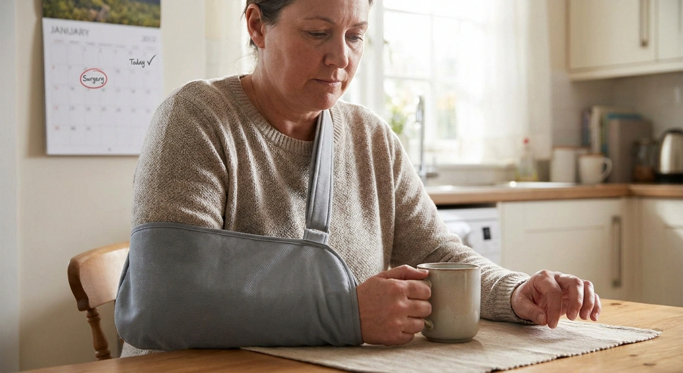 A post-op patient at their kitchen table noticing new hand weakness weeks after surgery, with a wall calendar showing the passage of time since the operation.