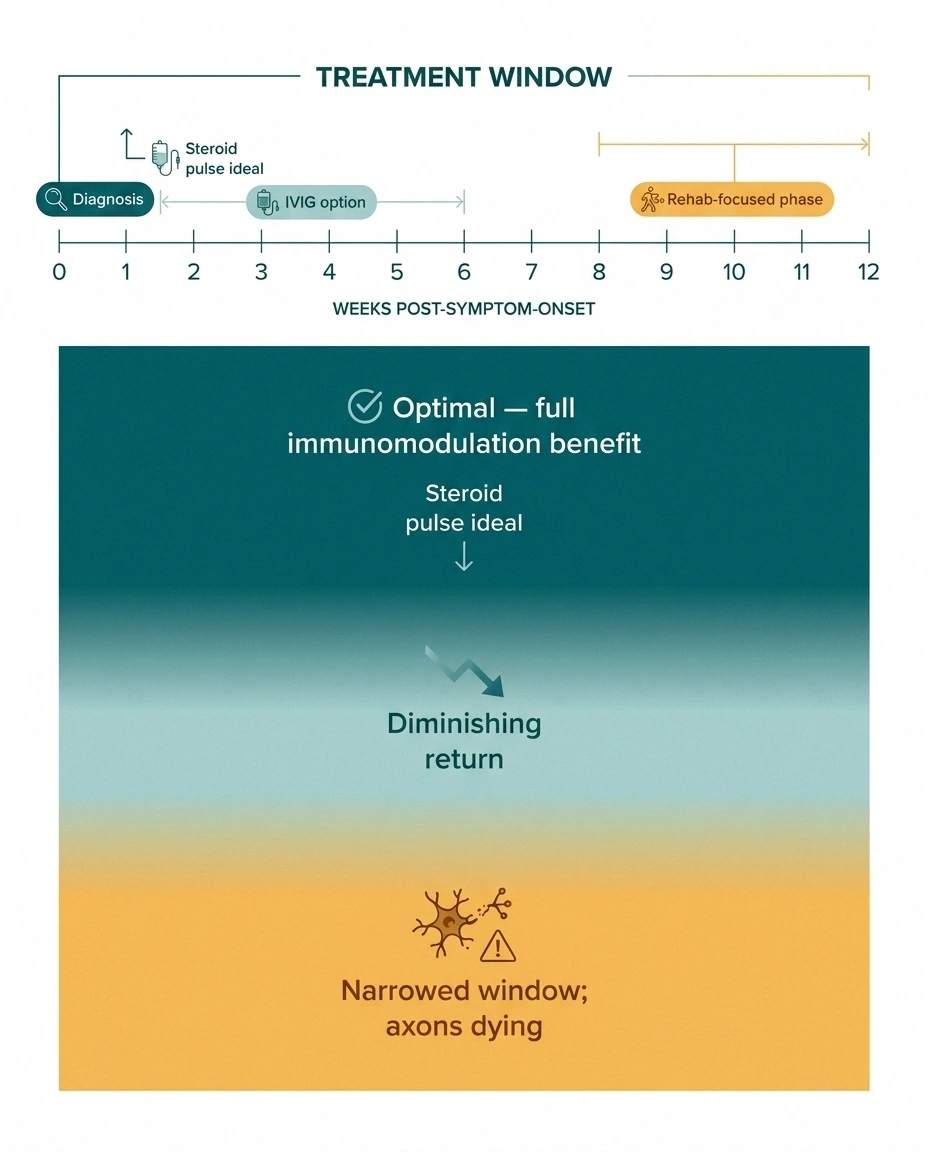 Timeline infographic showing the narrowing treatment window for postsurgical inflammatory neuropathy — earlier immunotherapy produces meaningfully better outcomes.