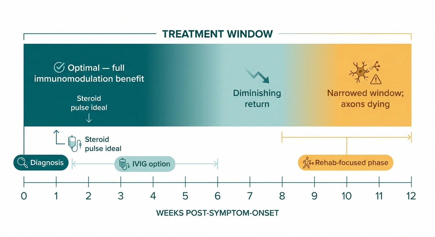 Timeline infographic showing the narrowing treatment window for postsurgical inflammatory neuropathy — earlier immunotherapy produces meaningfully better outcomes.