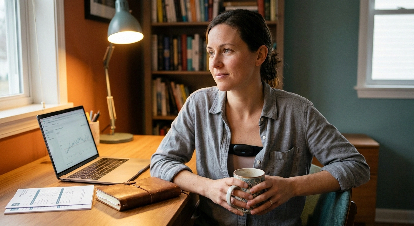Woman with heart rate monitor at desk reflecting on living with POTS and small fiber neuropathy