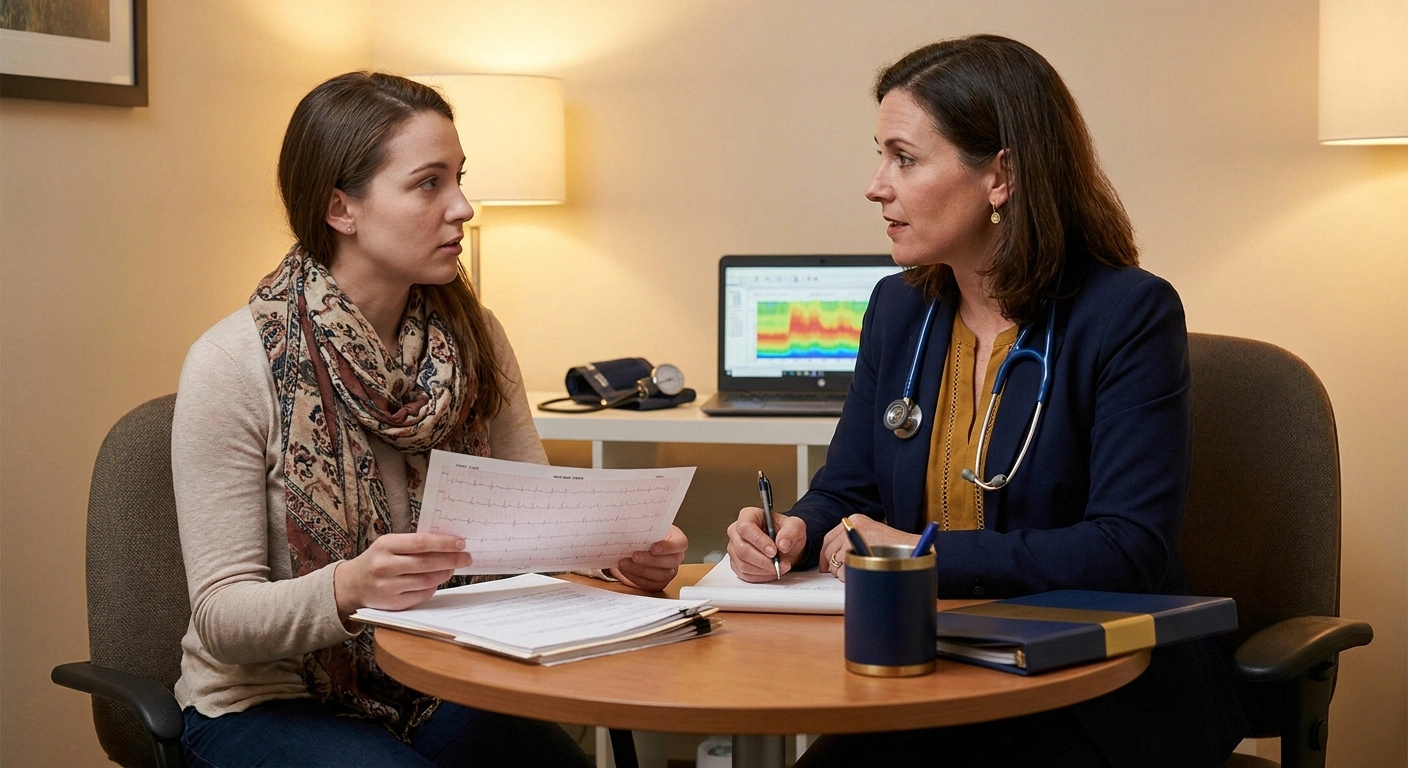 Young woman discussing POTS symptom log with her autonomic specialist
