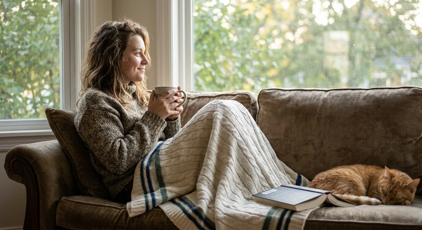 Young woman resting with tea on couch pacing energy for POTS fatigue management